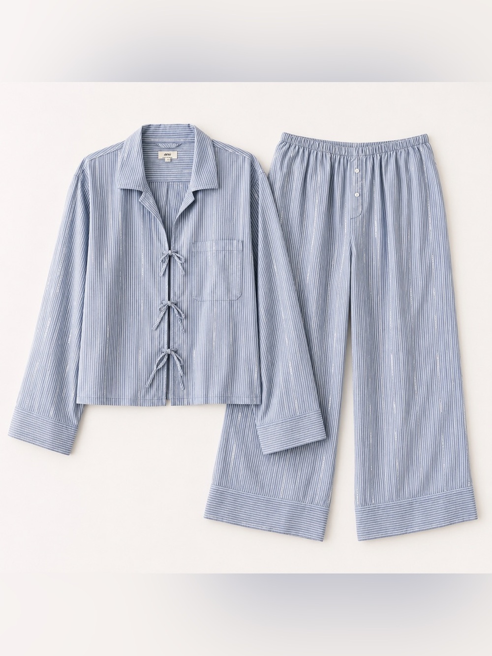 Aerie Off-Duty Poplin Tie Front Pajama Set Blue Stripe L Top M Bottom
